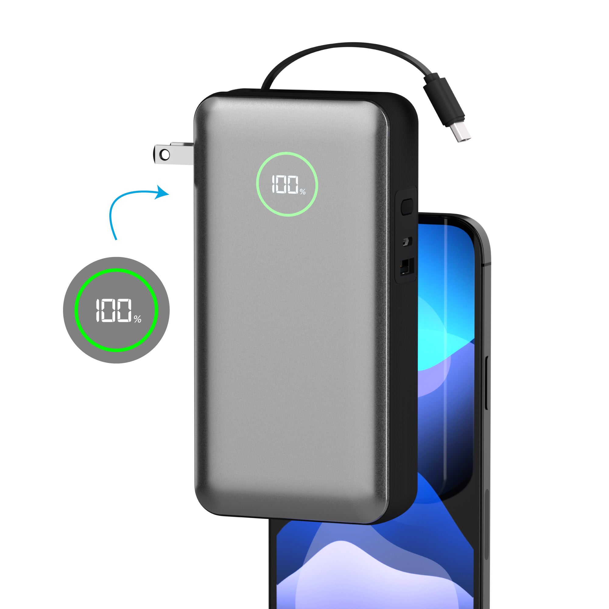 Wall Adapter, Attached USB-C Cable & Portable Battery Pack | iPhone,  Samsung | 65 Watt PD 20000mAh | Digital Display | USB-C & USB-A – PhoneSuit