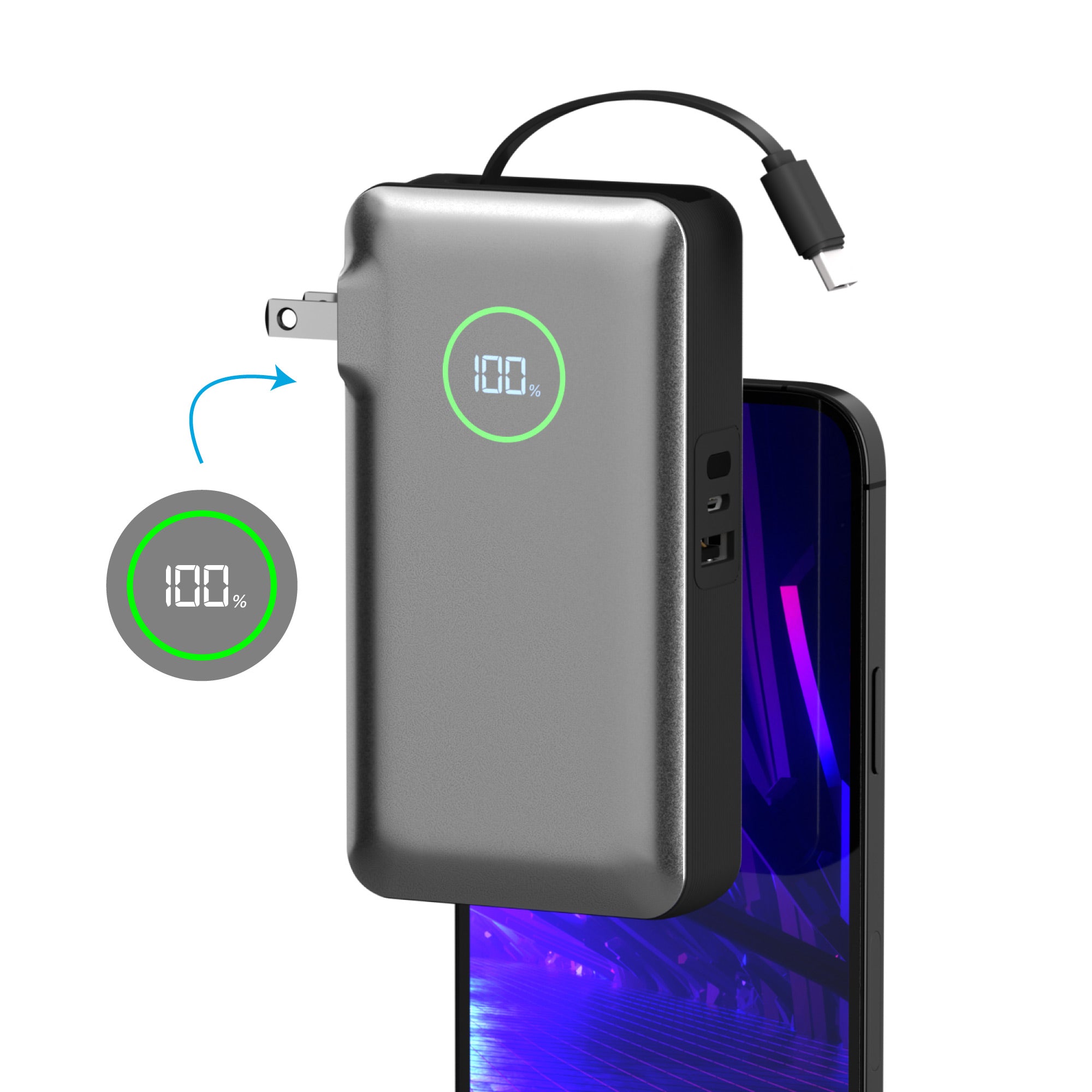 Wall Adapter, Attached USB-C Cable & Portable Battery Pack | iPhone,  Samsung | 35 Watt PD 10000mAh | Digital Display | USB-C & 2xUSB-A |  Ultra-Thin & Pocketable – PhoneSuit