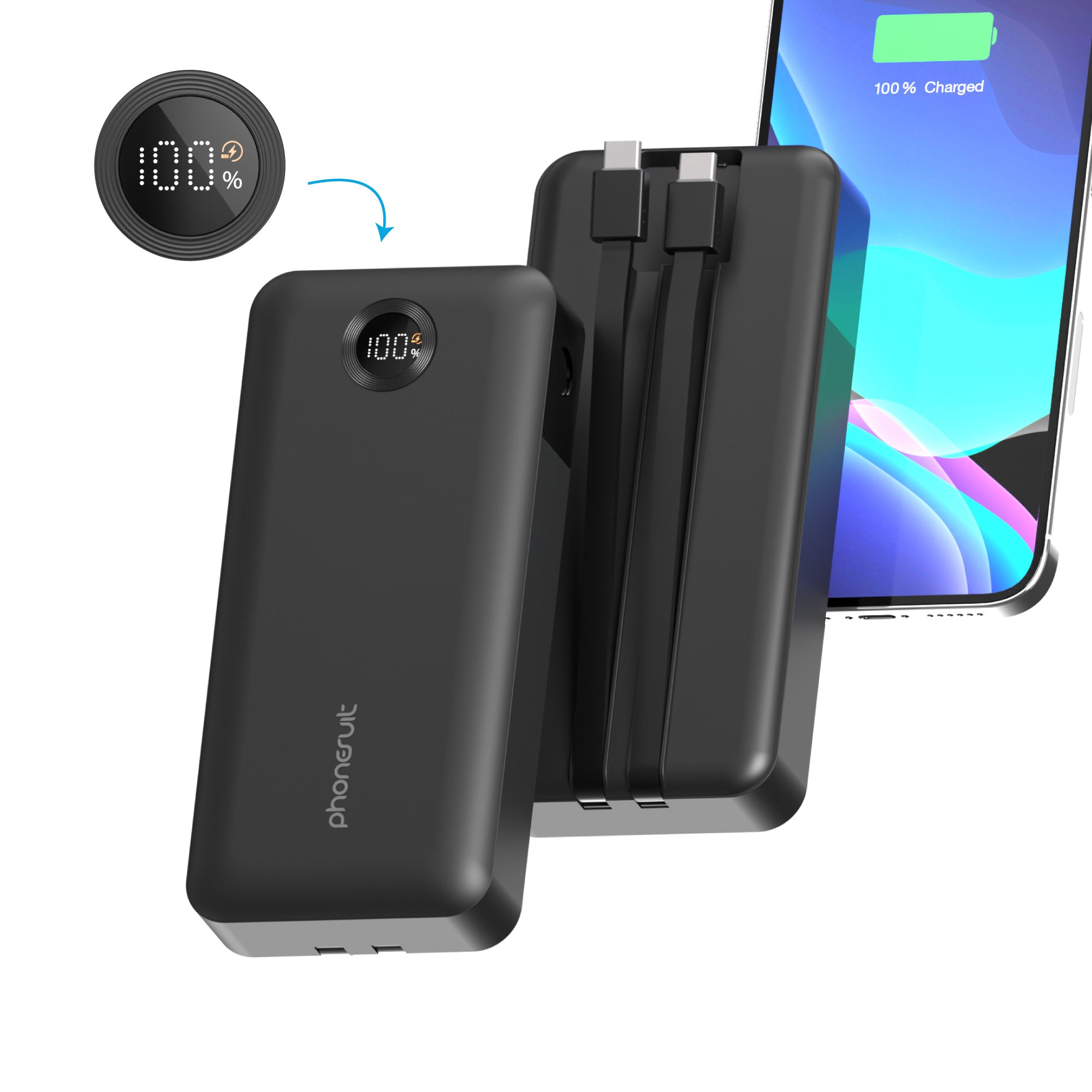 Cabled USB-C Power Bank Portable Charger iPhone, Samsung